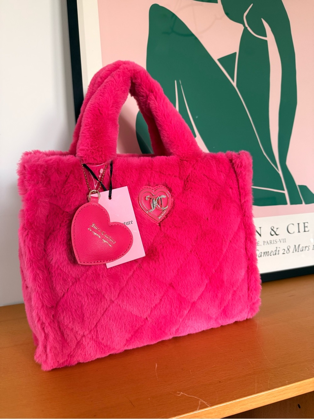 Juicy Couture Pink Faux Fur Tote with Heart Charm
